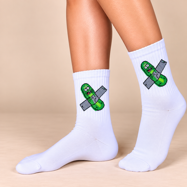 White crew socks with green pickle character wrapped in grey bandage