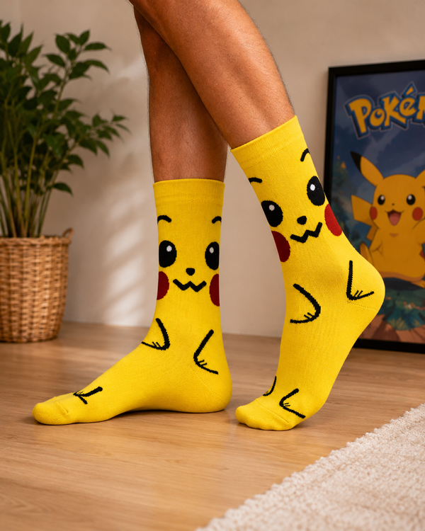 Bright yellow Pikachu crew socks with cute cartoon face design