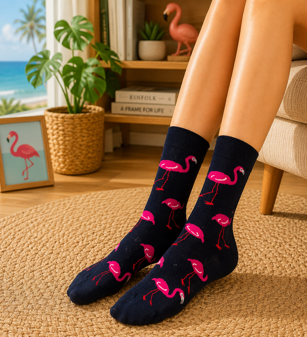 Black crew socks with bright pink flamingo patterns for men and women