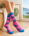 Pink koala heart pattern crew socks with cute animal design and blue cuff