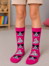 Hot pink kids crew socks featuring Kuromi and My Melody cartoon characters in a repeating pattern, designed for children aged