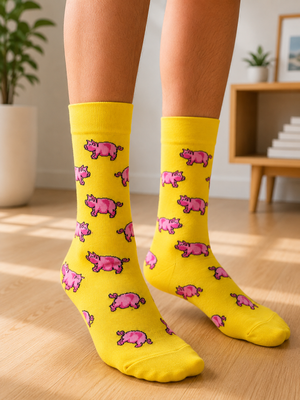 Pair of bright yellow crew socks featuring an all-over pattern of cute pink pigs on a white background.