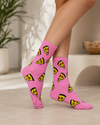 Pink socks with repeating pizza slice pattern design