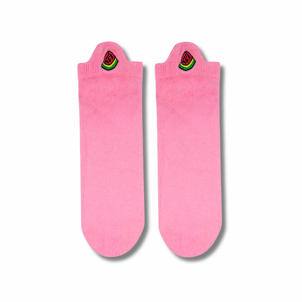 Pink Watermelon Ankle Socks! These cute ankle-length socks feature juicy red watermelon slices on a soft pink background
