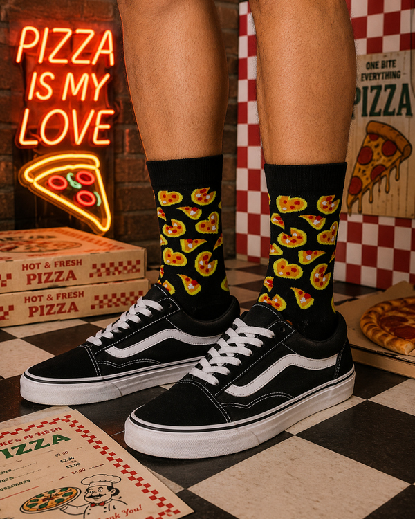 Black crew socks with colorful heart-shaped pizza slice pattern design