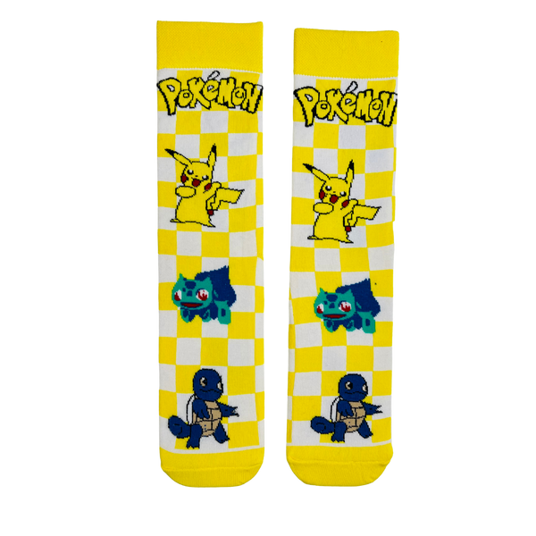  Pokémon Character Socks! Featuring fan-favorite Pikachu, Bulbasaur, and Squirtle on a bright yellow checkered background, these socks are perfect for trainers of all ages. 