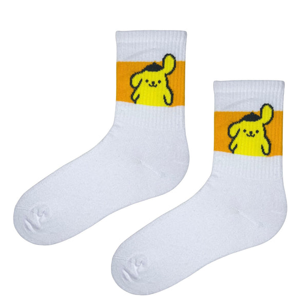 Pompompurin Embroidered Tennis Socks! Designed for comfort and cuteness, these white crew socks feature a cheerful yellow block with the beloved Sanrio pup, Pompompurin