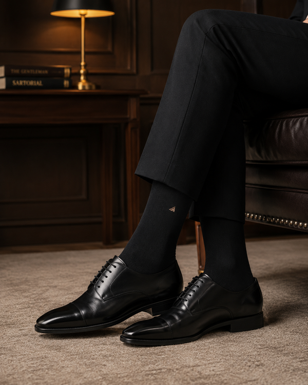 Premium black formal crew socks with small triangle logo, breathable cotton blend dress socks for office wear and formal outfits.