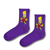 Purple crew socks featuring a colorful cartoon-inspired character graphic design.