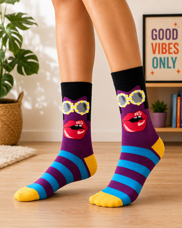 Purple crew socks featuring red lips, decorative sunglasses, turquoise stripes, black cuffs and yellow toes