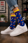 Blue Red Bull inspired crew socks with energy drink and bull pattern design