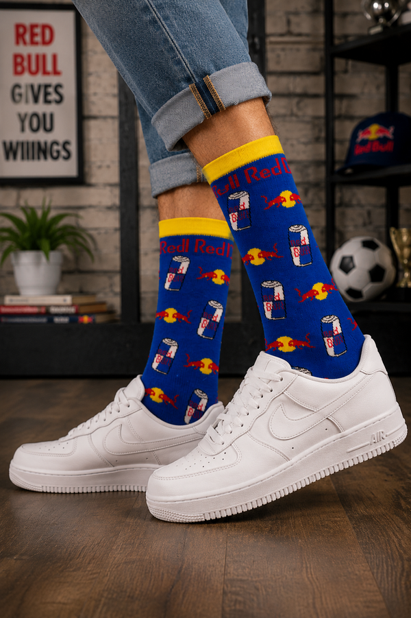 Blue Red Bull inspired crew socks with energy drink and bull pattern design