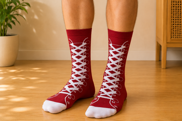 Red crew socks with white sneaker shoelace pattern design