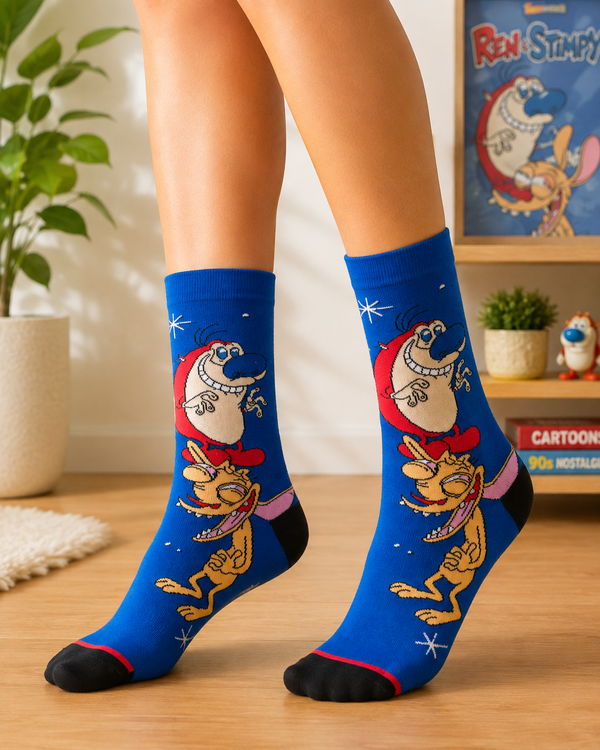 Blue crew socks featuring Ren and Stimpy cartoon characters with contrasting black toes