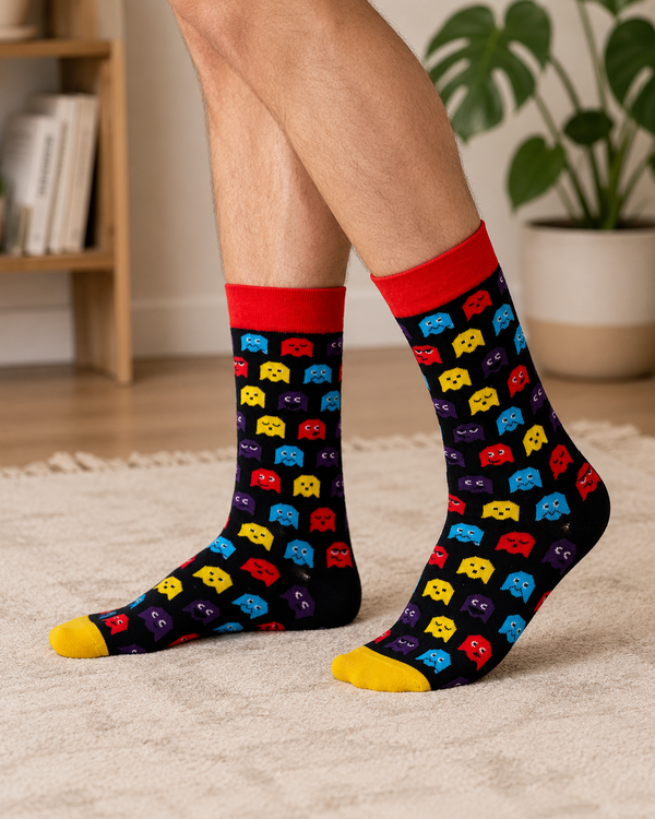 Black socks with colorful retro pixel ghost characters in red, blue, yellow, and purple with red cuff and yellow toe.