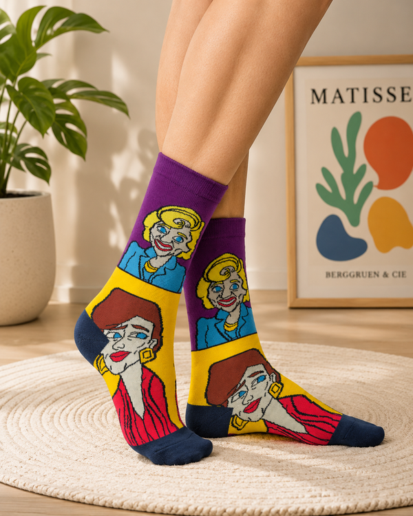 Retro pop art inspired crew socks featuring colorful illustrated portrait character artwork