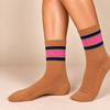 Brown crew socks with navy blue and pink retro stripes