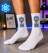 White crew socks featuring a science-inspired cartoon genius character with blue hair and a playful expression.