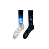Rocket Space Mismatched Socks! Designed for space lovers and dreamers, this pair features a rocket taking off on one sock and a vibrant galaxy of stars, constellations, and planets on the other