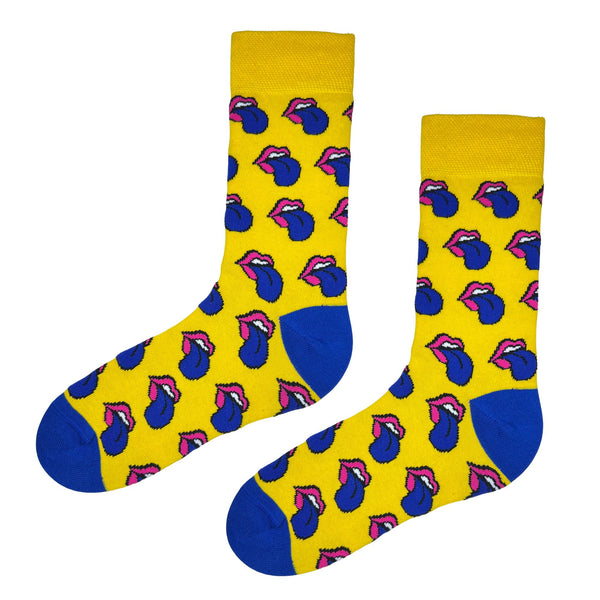 Rolling Lips Patterned Yellow SocksFeaturing a striking pop-art style with blue lips and pink accents on a vibrant yellow background, these socks are designed to make a statement