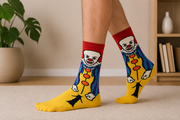 Scary clown character socks with colorful horror-inspired design on yellow background crew socks