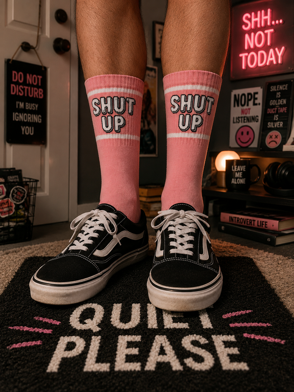 oft pink crew socks with bold “SHUT UP” text design in white and black, finished with sporty white stripe details near the cuff.