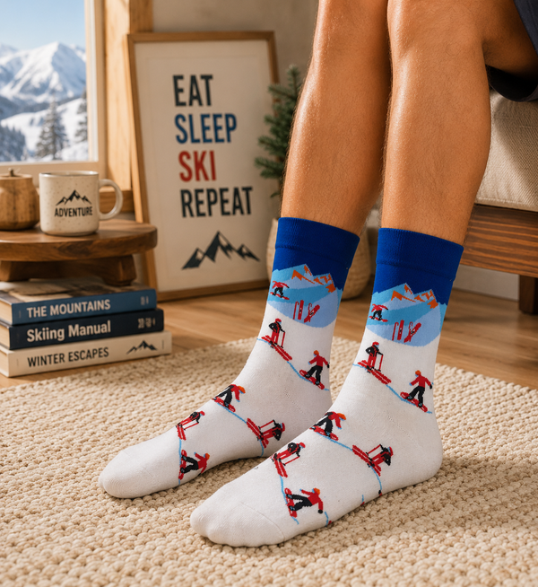 White ski adventure socks with snowboarders and snowy mountain pattern