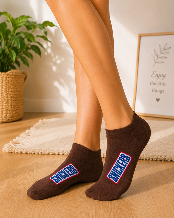 Brown ankle socks featuring Snickers chocolate bar logo design