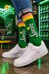 Green Sprite inspired crew socks with lemon soda graphic design