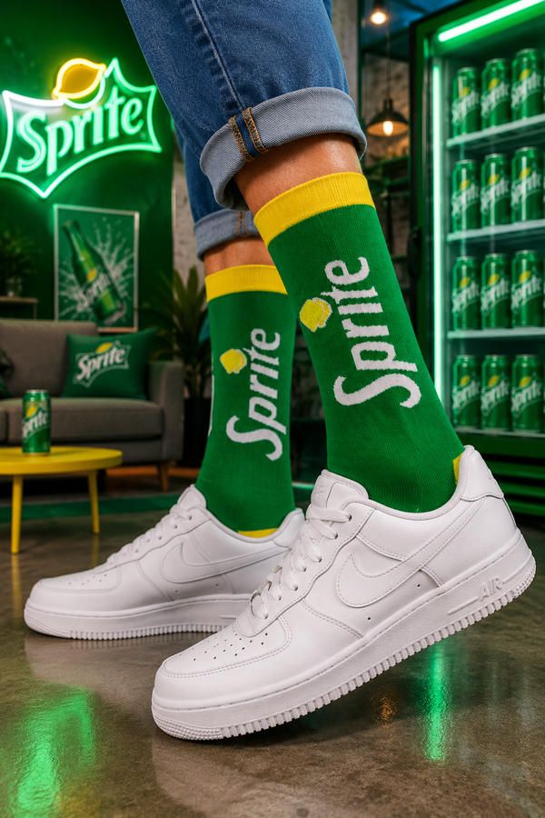 Green Sprite inspired crew socks with lemon soda graphic design