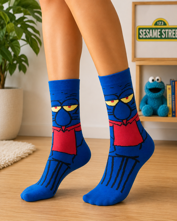 Blue crew socks featuring Squidward Tentacles with his classic unimpressed expression and red shirt