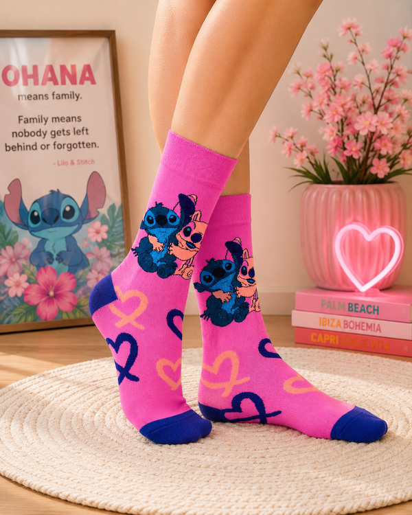 Pink Stitch and Angel cartoon crew socks with heart pattern design