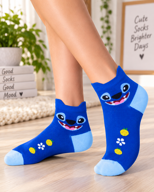 Blue Stitch low cut socks with light blue toe and heel, pineapple and flower details