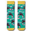 Turquoise cartoon inspired crew socks featuring cute alien character artwork with pink hearts