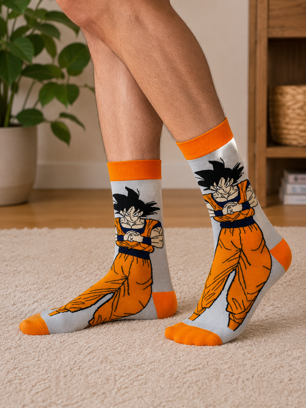 Grey and orange socks featuring Sun Goku anime character design with crossed arms and martial arts outfit.