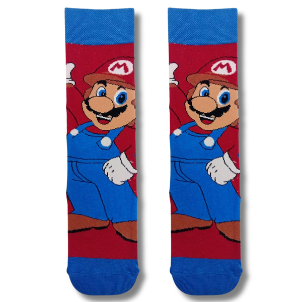 Pair of blue and red Super Mario Crew Socks featuring the iconic Mario character on a white background.