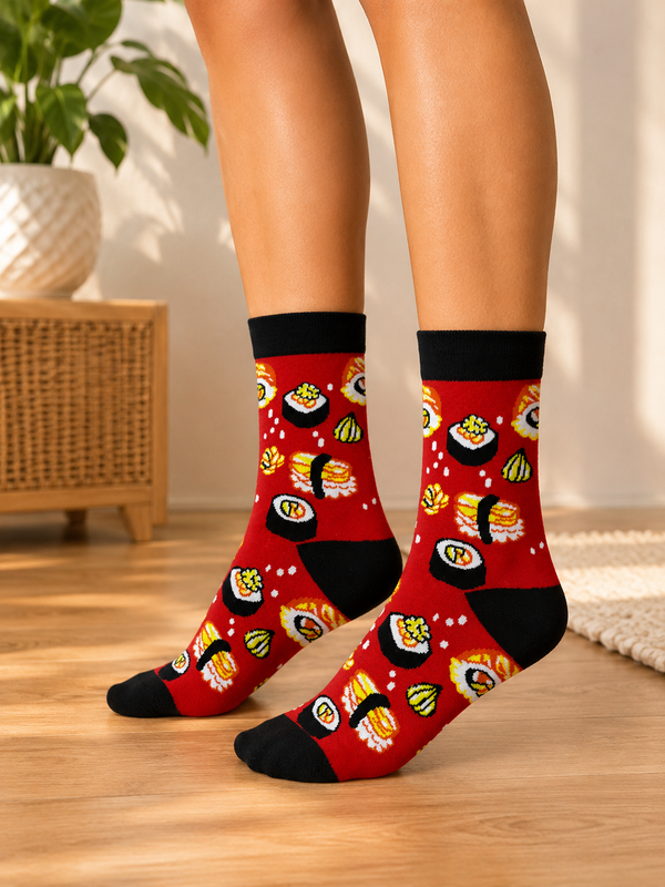 Red sushi patterned crew socks featuring sushi rolls, nigiri, and Japanese food illustrations.