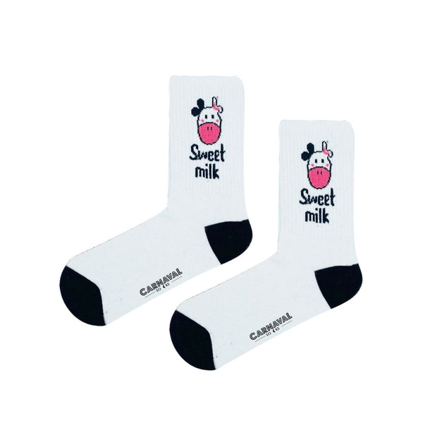Sweet Milk Cow Socks. Featuring an adorable cartoon cow face with the text "Sweet Milk,