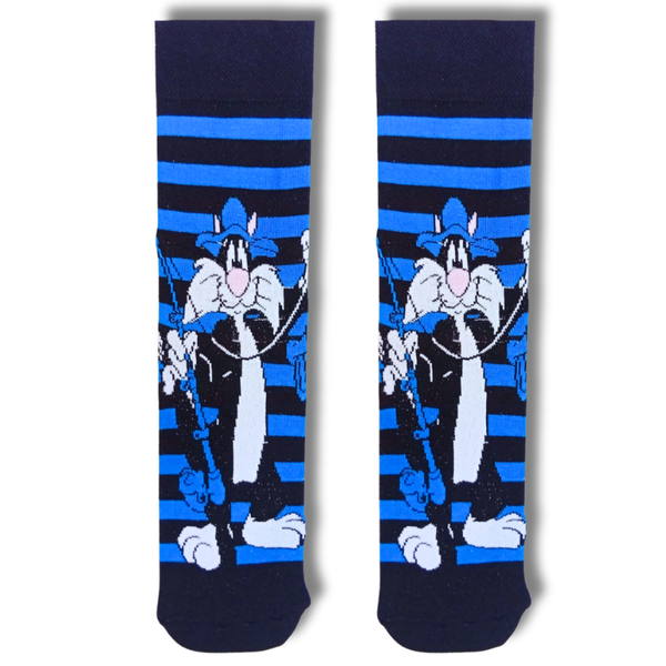 Sylvester cartoon cat crew socks with blue and black horizontal stripes