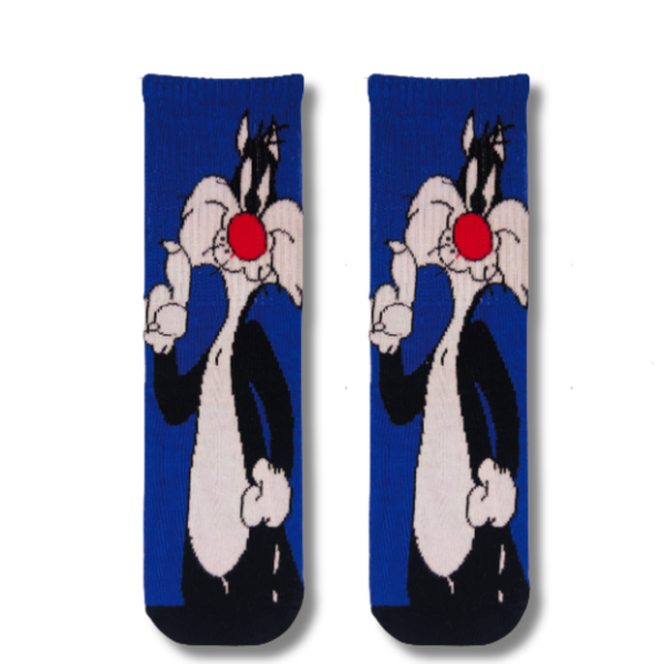 Blue Sylvester cartoon crew socks featuring classic black and white cat artwork