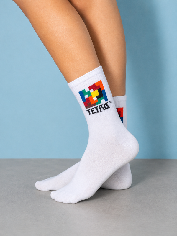 White crew socks with colorful Tetris block design and Tetris logo