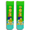 Bright green crew socks featuring Homer, Marge, Bart, Lisa and Maggie Simpson stacked vertically