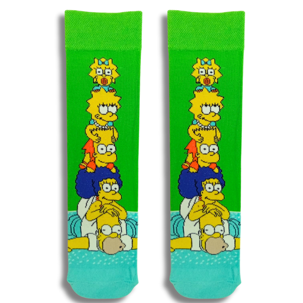 Bright green crew socks featuring Homer, Marge, Bart, Lisa and Maggie Simpson stacked vertically
