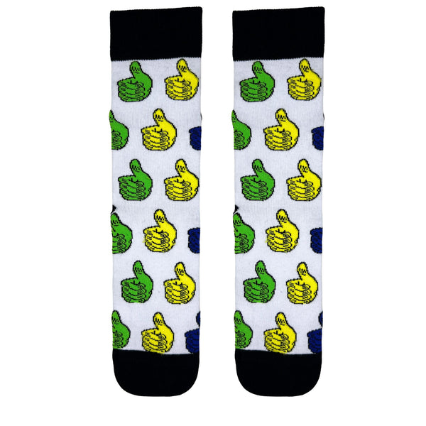  Thumbs Up Emoji Socks. Featuring a colorful all-over thumbs-up pattern in yellow, green, and blue on a white base with black cuffs and toes, 