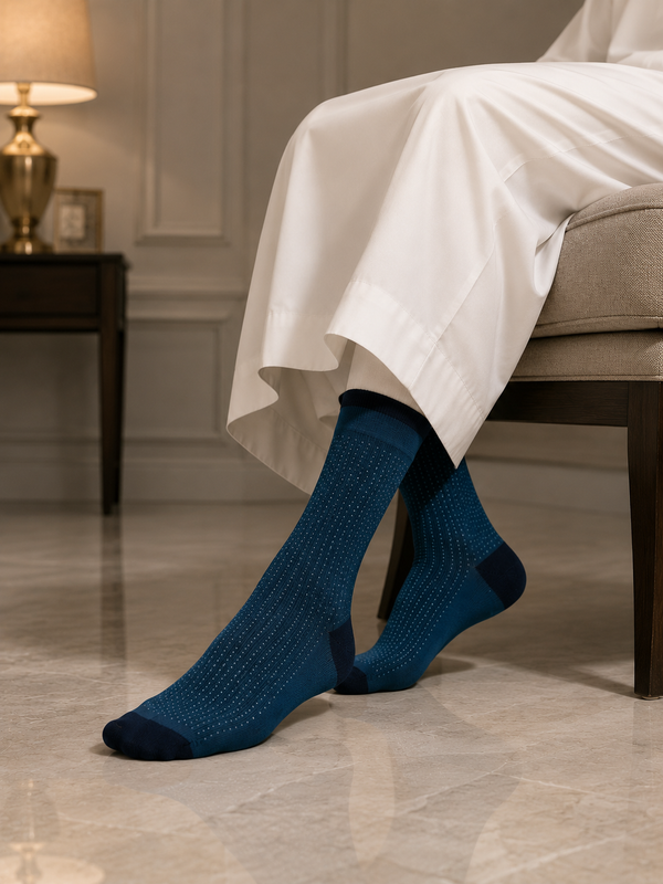 Teal blue crew socks with light blue micro-dot pattern and dark navy heel and cuff