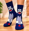 Tom Cat Cartoon Socks with smiling cartoon cat design on navy blue crew socks