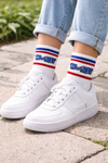 White Tom and Jerry embroidery stripe socks with red and blue retro design