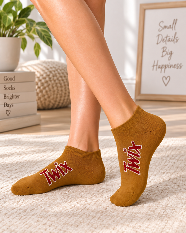 Caramel brown Twix ankle socks with red and white logo design