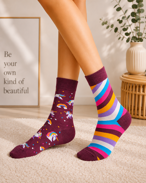 Colorful mismatched crew socks featuring unicorns, rainbow graphics, and vibrant stripe patterns.