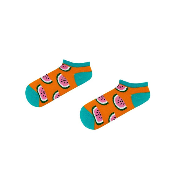 Watermelon Ankle Socks! Featuring juicy pink watermelon slices on a bold orange base with teal accents,